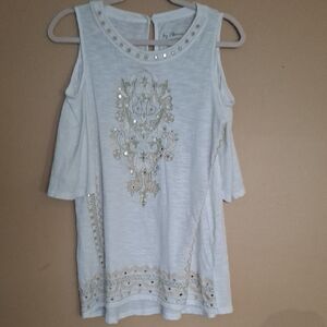 Chico's White Cold-Shoulder Tunic with Gold Embellishment